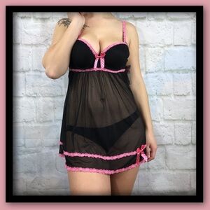 Always A Flirt Pink & Black Sheer Babydoll Nightie